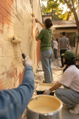 Volunteers Painting Community Wall Together