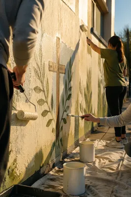 Church Volunteers Painting Community Wall Together