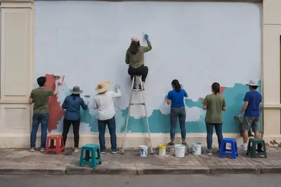 Volunteers Painting a Neighborhood Wall Together