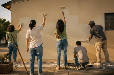 Volunteers Painting Community Wall Together