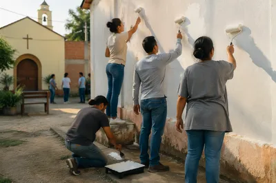 Volunteers Painting Chapel Courtyard Wall Together