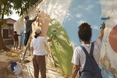 Volunteers Painting a Community Mural Together