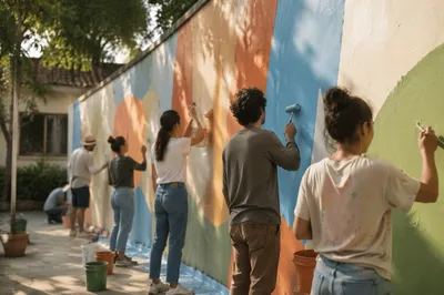 Volunteers Painting Community Wall at Sunset