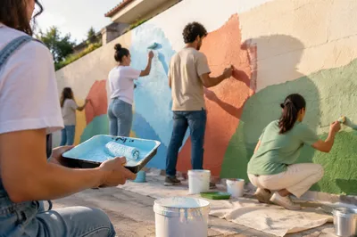Volunteers Painting Community Wall at Sunset