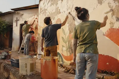 Volunteers Painting Community Wall in Afternoon Light