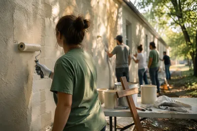 Church Volunteers Painting Community Center Wall