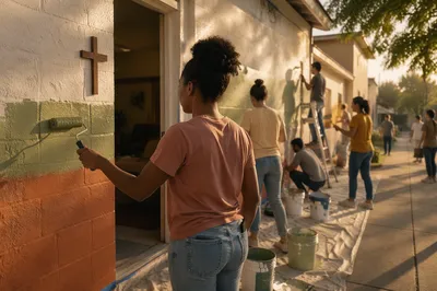 Volunteers Painting Community Wall in Fellowship