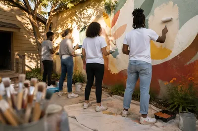 Volunteers Painting Hopeful Community Garden Mural