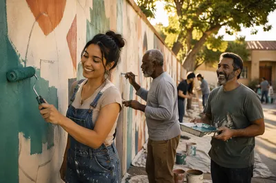 Volunteers Painting Community Wall at Golden Hour