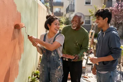 Neighbors Painting Community Wall Together