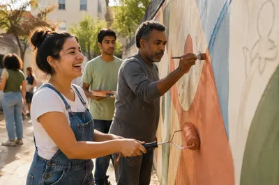 Volunteers Painting Community Wall in Sunlight