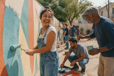 Volunteers Painting Community Wall on Spring Afternoon
