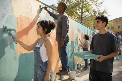 Volunteers Painting Community Wall in Sunlight