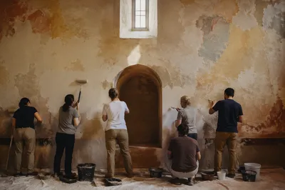 Volunteers Restoring Rustic Community Hall Wall