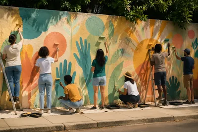 Volunteers Painting a Joyful Community Mural