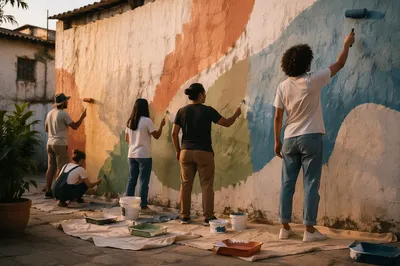 Volunteers Painting Hopeful Community Mural Together