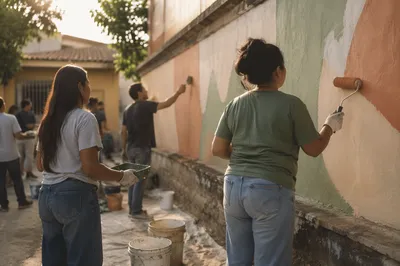 Volunteers Painting a Community Wall Together