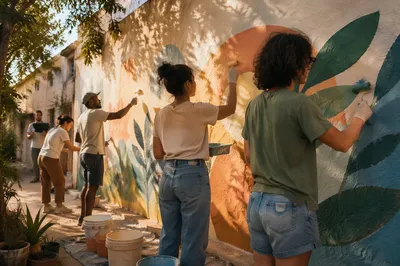 Volunteers Painting Community Wall in Warm Sunlight