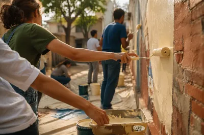 Volunteers Painting a Community Wall Together