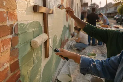Community Volunteers Painting Fellowship Hall Wall