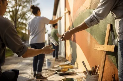 Volunteers Painting Community Wall in Afternoon Light