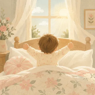 Toddler Stretching in Morning Sunlit Bedroom