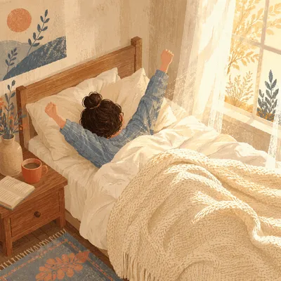 Peaceful Morning Stretch in Sunlit Bed