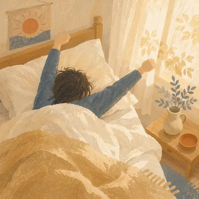 Peaceful Morning Stretch in Sunlit Bed
