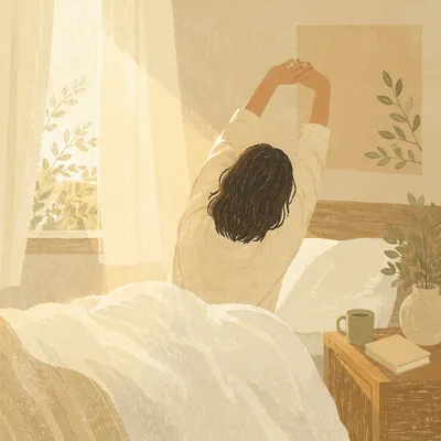 Peaceful Morning Stretch in Sunlit Bedroom