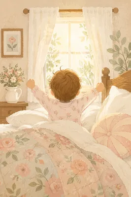 Toddler Stretching in Morning Sunlit Bed