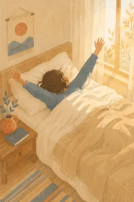 Peaceful Morning Stretch in Sunlit Bed