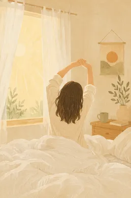 Peaceful Morning Stretching in Sunlit Bedroom