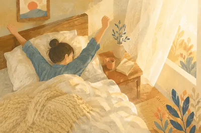 Peaceful Morning Stretch in Sunlit Bed