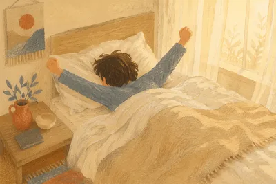 Peaceful Morning Stretch in Sunlit Bed