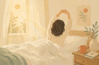 Peaceful Morning Stretch in Sunlit Bedroom