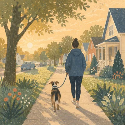 Peaceful Morning Dog Walk on Sidewalk