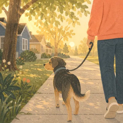 Peaceful Morning Dog Walk on Sidewalk