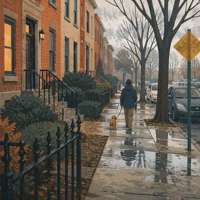 Morning Dog Walk on Quiet Neighborhood Sidewalk