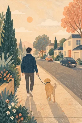 Morning Dog Walk on Quiet Neighborhood Sidewalk