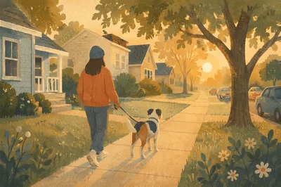 Morning Dog Walk on Quiet Neighborhood Sidewalk
