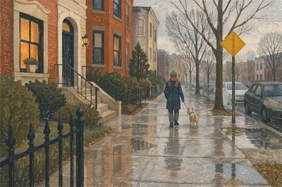 Morning Dog Walk on Quiet Sidewalk