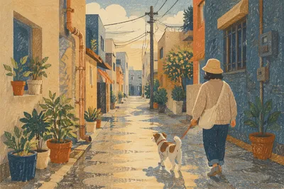 Morning Dog Walk in Quiet Alley