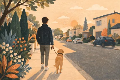 Morning Dog Walk on Quiet Neighborhood Sidewalk