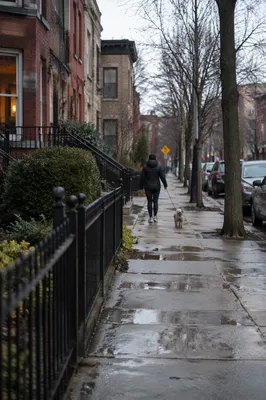 Early Morning Dog Walk on Neighborhood Sidewalk