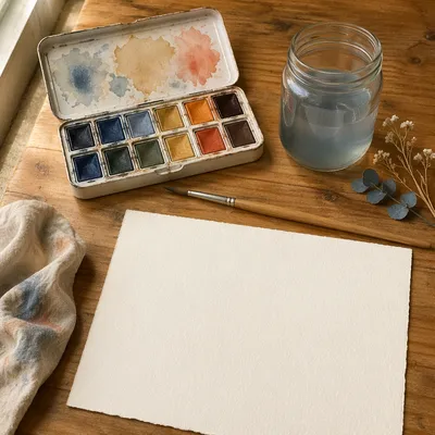 Watercolor Supplies on Warm Wooden Table