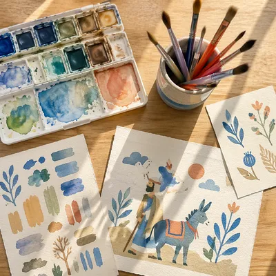 Watercolor Supplies on Sunlit Oak Table
