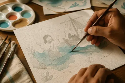 Watercolor Artist Hands at Creative Desk