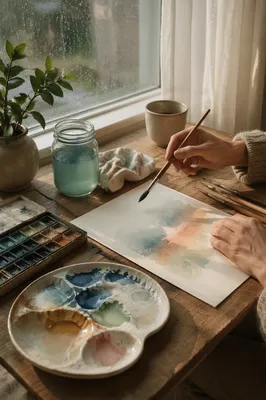Sunlit Watercolor Supplies on Rainy Morning Table