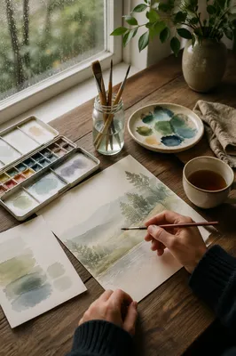 Sunlit Watercolor Supplies on Cozy Table