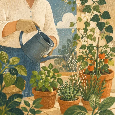Watering Plants on a Cozy Sunlit Patio